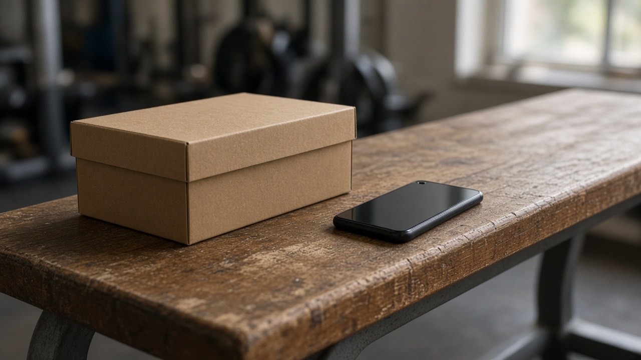 A closed cardboard shoebox and a phone on a wooden gym bench
