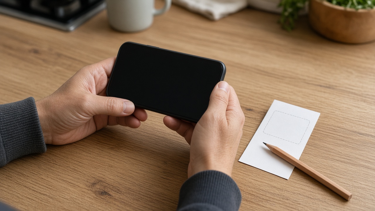 Hands holding a blank phone beside a blank paper slip and a pencil