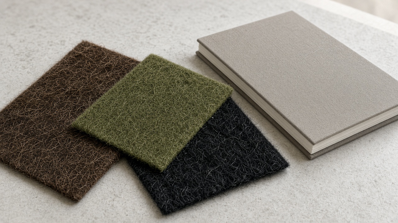 Brown, green and black fabric swatches beside a plain clothbound book